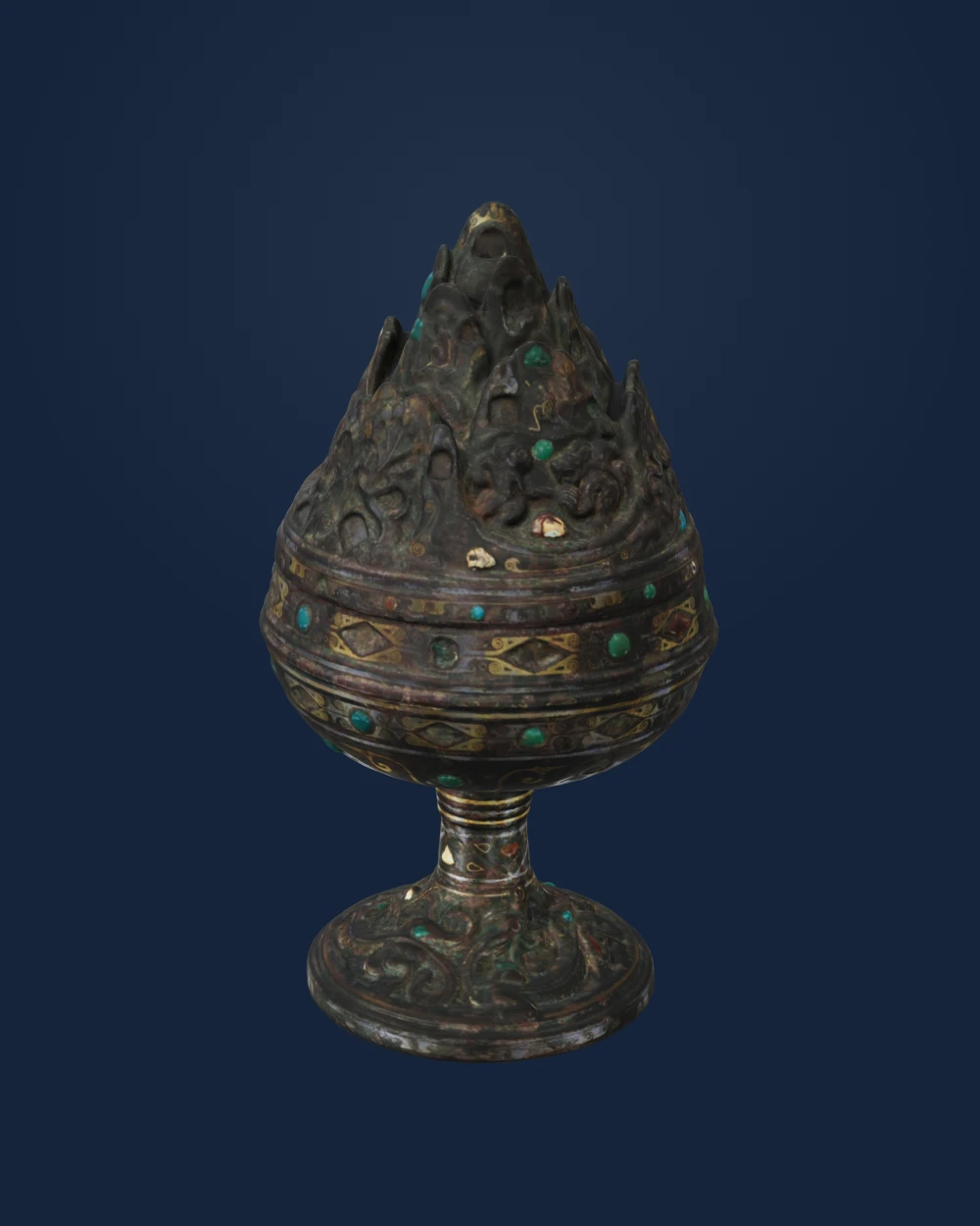 Lidded incense burner (xianglu) with geometric decoration and narrative scenes — Chinese artist(s), Early Western Han dynasty · ca. 2nd century BCE